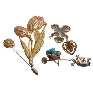 Vintage Gold-Tone Brooch Pin Set of 6 Flower Heart Wheelbarrow Some Signed